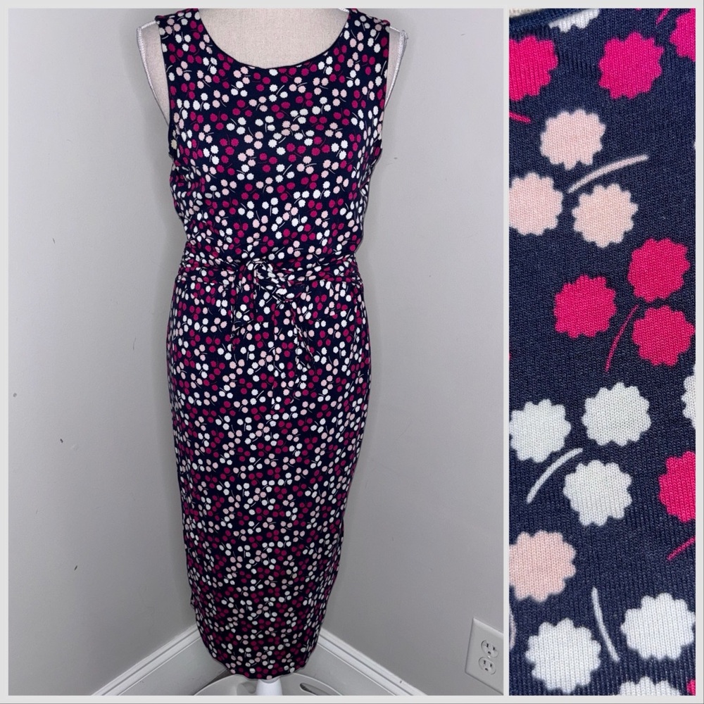 Boden navy blue & pink sleeveless knit midi sheath dress w/ tie belt size 6